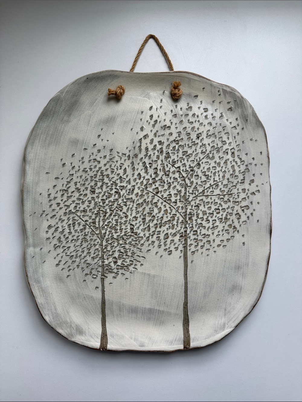 Handmade Ceramic Tree Wall Plaque in White and Gray